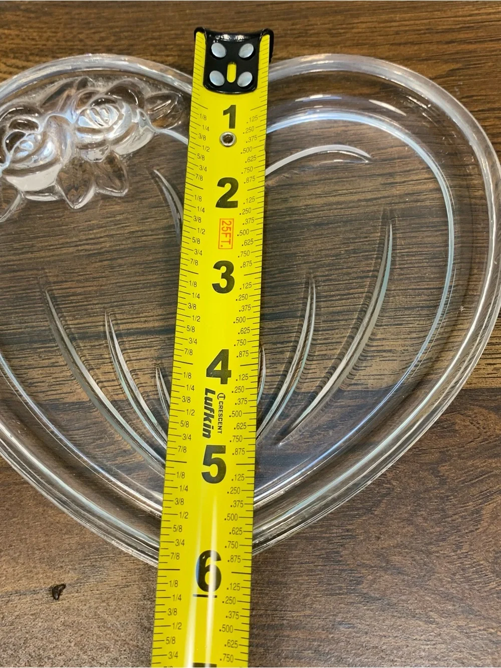 Glass Heart-Shaped Trinket Dish Ring Tray 6x6 Etched Roses Elegant Glassware